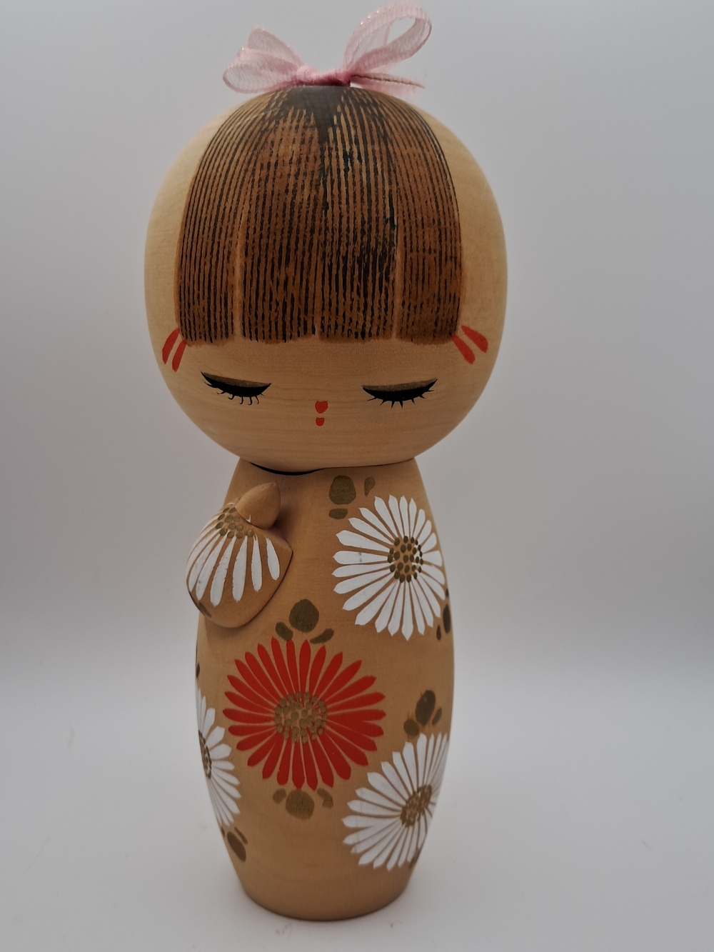 Vintage 1977 Signed Sosaku Kokeshi Doll Japanese Hand Painted Wood Flower 7.25"